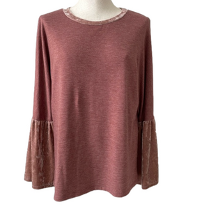 Hummingbird dark rose French terry knit top with velvet sz M